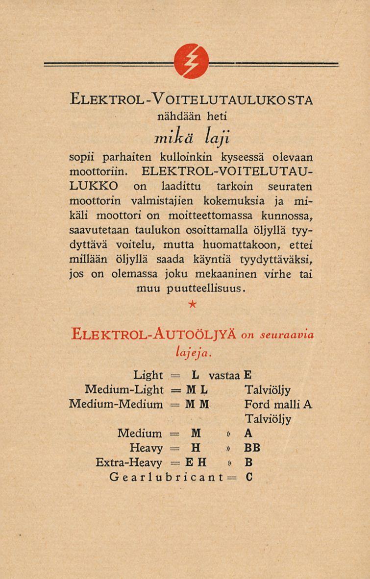Elektrol-VoitelutaulukoSTA nähdään heti mikä laji sopii parhaiten kulloinkin kyseessä olevaan moottoriin.