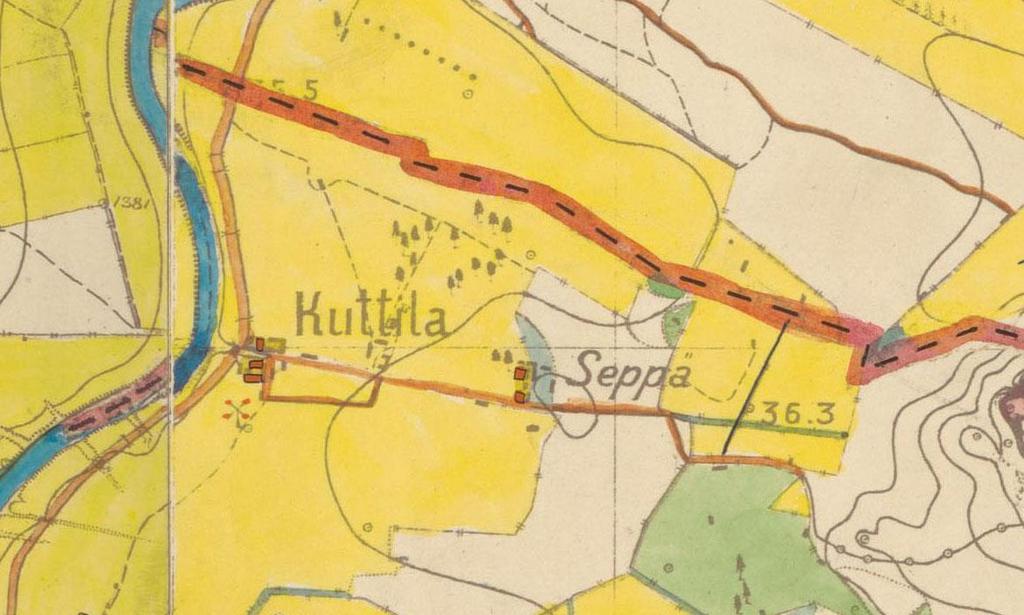 Kuttila 1883-1884 Kylätontti entisellään Tuulimylly Kartta: Kansallisarkisto, Karttakokoelmat > Topografikarttojen