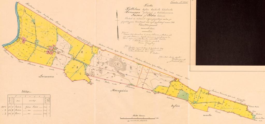 Isojaon järjestely 1908 Kylässä kolme taloa, mutta Pietilä omistaa kaikki Kartta: Kansallisarkisto,