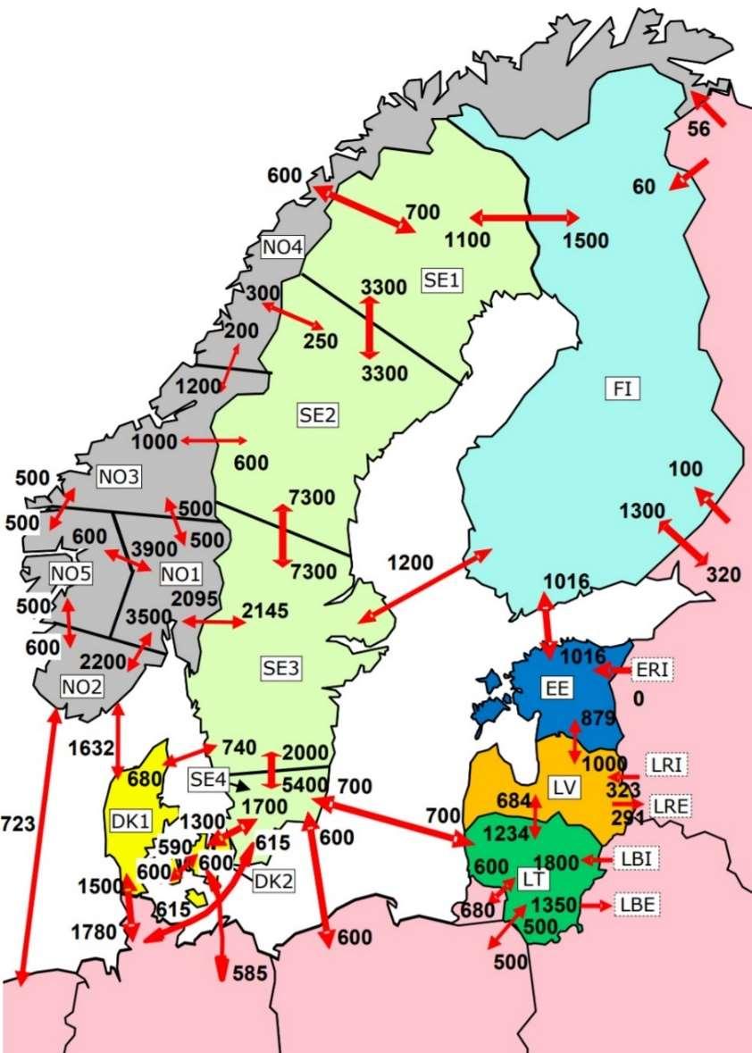 21 Kuva 13 Siirtokapasiteetit Pohjoismaissa ja Baltiassa Ruotsin mahdollista tehovajetta päätettiin kuitenkin mallintaa. Tarjousalue SE3 on Ruotsin neljästä tarjousalueesta ruuhkaisin.