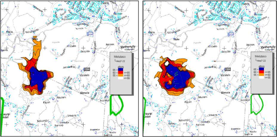 Kuva 16-1. Ampumaradan keskiäänitaso LAeq 7-22 nykytilanteessa (vasen) ja suunnitelman mukaisessa tilanteessa (oikea).