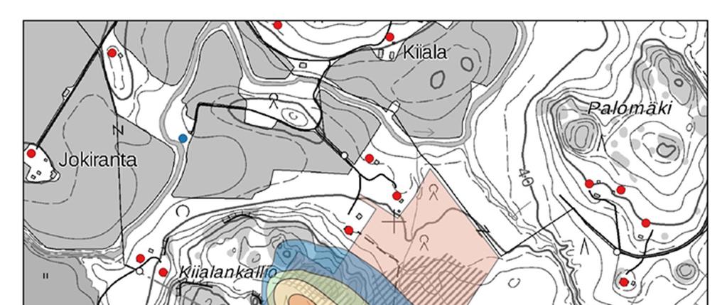 Kuva 18-2. Louhinnan ja murskauksen, bioterminaalin sekä hyötymateriaalien käsittely- ja siirtokuormausaseman toimintojen aiheuttamat vuosiraja-arvoon verrattavat PM10-vuorokausipitoisuudet (µg/m³).