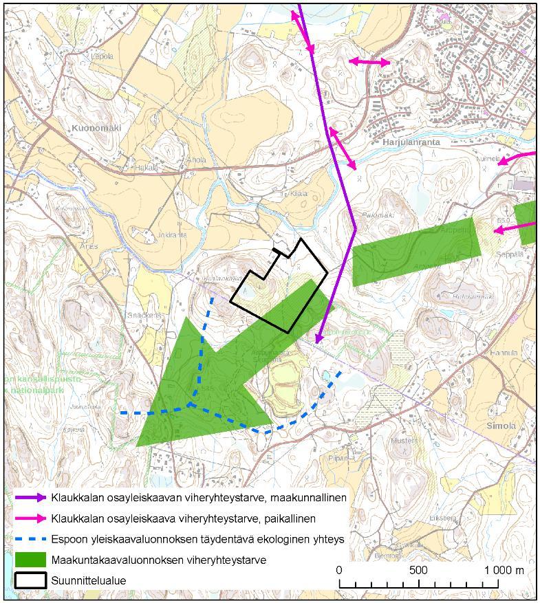 Voimassa olevassa Uudenmaan maakuntakaavassa suunnittelualueen läheisyyteen ei ole osoitettu ekologisia viheryhteyksiä.