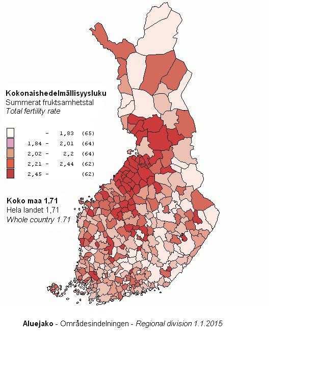 KUVA 2. Kokonaishedelmällisyysluku kunnittain vuosilta 2010 2014 2.