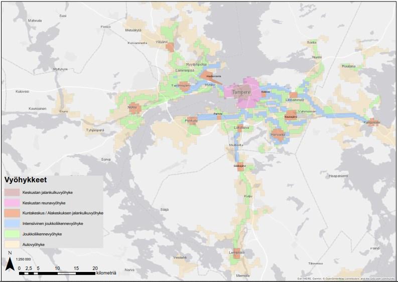 Tampereen seudun viitteelliset pysäköintivyöhykkeet Pysäköintivyöhykkeiden määrittäminen tulee tarkentaa tarkemmassa suunnittelussa.