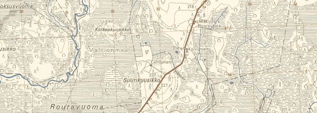 Ote topografisesta kartasta vuodelta 1971 (lähde maanmittauslaitos). Alueen soille on tyypillistä melko korkea ravinteisuus ja kasvillisuudeltaan runsaslajisia lettosoita tavataan useammassa paikassa.