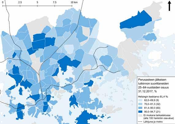 Koulutustason alueelliset erot Helsingissä Sukupuolten välisten erojen lisäksi Helsingissä on havaittavissa selkeitä alueiden välisiä eroja koulutustaustassa.