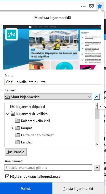 Firefoxin kirjanmerkit Kun auki oleva sivu halutaan tallentaa kirjanmerkkeihin, valitaan otsikko- ja hakukentässä oikealla