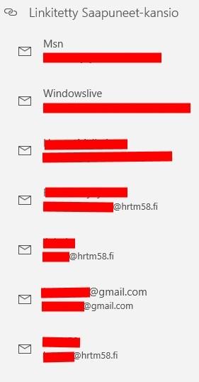 Tässä kuvassa näkyy Microsoft sähköpostiin liitettynä kolme Microsoftin omaa tiliä. Sen lisäksi on yksi Gmail -tili, sekä kolme hrtm58.fi -tiliä.