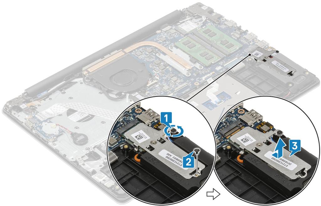 4 Käännä lämpölevy ympäri. 5 Irrota ruuvi (M2x2), jolla SSD-asema kiinnittyy lämpölevyyn [1]. 6 Nosta SSD-asema lämpölevyltä [2]. M.