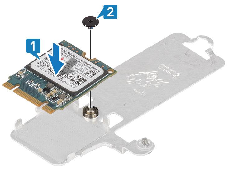 3 Kohdista SSD-aseman lovi SSD-asemapaikan kielekkeeseen. 4 Liu uta SSD-levy SSD-asemapaikkaan [1].