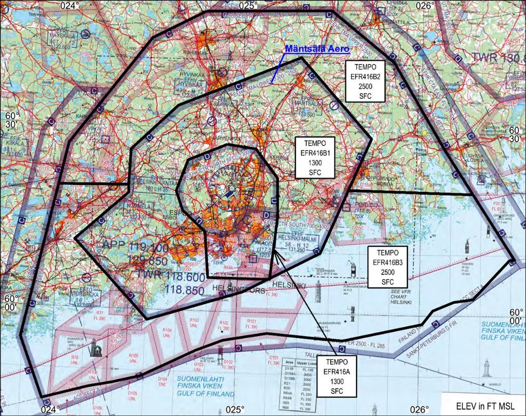 Natura-vaikutusten arviointi 13/15 Kuva 3.3. Helsinki-Vantaan lentoaseman lähestymisalueet. Mäntsälä Aeron sijainti on merkitty kuvaan sinisellä.