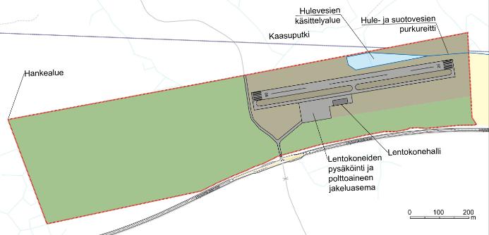 Kuva 1.4. Vaihtoehto 4: Lyhyt kenttä. Hanke on suunniteltu yleisilmailua varten. Kentälle ei siis tule matkustus tai rahtiliikennettä.