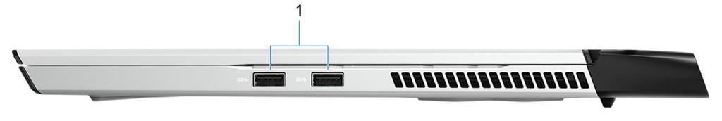 Alienware m17 R2 -tietokone eri suunnista Vasen 1 Kaapelilukkopaikka (kiilamainen) Suojakaapelin kytkemiselle tietokoneeseen luvattoman siirtämisen estämiseksi.
