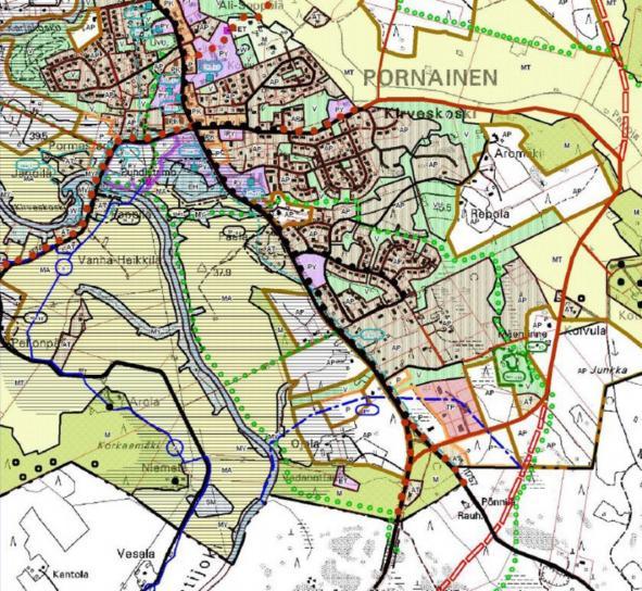 Suunnittelualueesta noin puolet, Kirkkotiehen rajautuva osa kuuluu maakuntakaavoissa Pornaisten keskustan kanssa samaan taajamatoimintojen alueeseen.