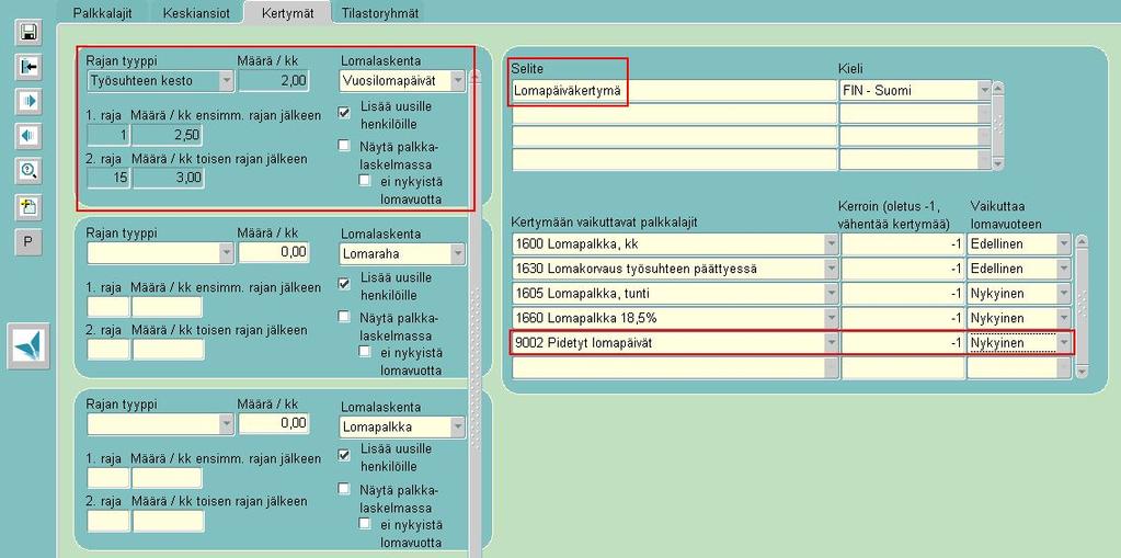 lomapäiviä Määrä-tyyppisellä palkkalajilla PL9002 - Pidetyt lomapäivät.