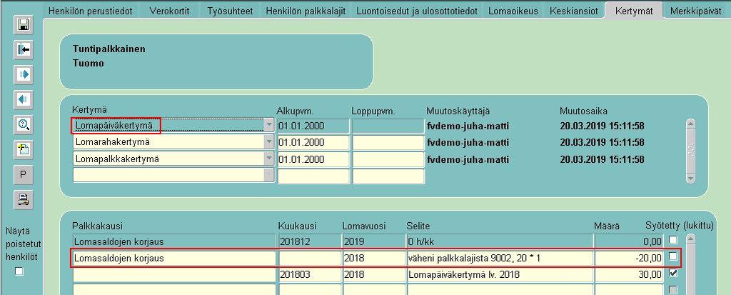 12(24) Palkansaajan Lomapäiväkertymän rivit näyttävät nyt tältä Palkansaajat -rekisterin Kertymät -välilehdellä.