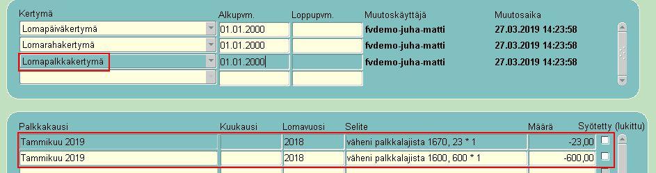 Lomapalkkakertymä: Muodostuu kaksi vähentävää riviä, koska palkanlaskennassa