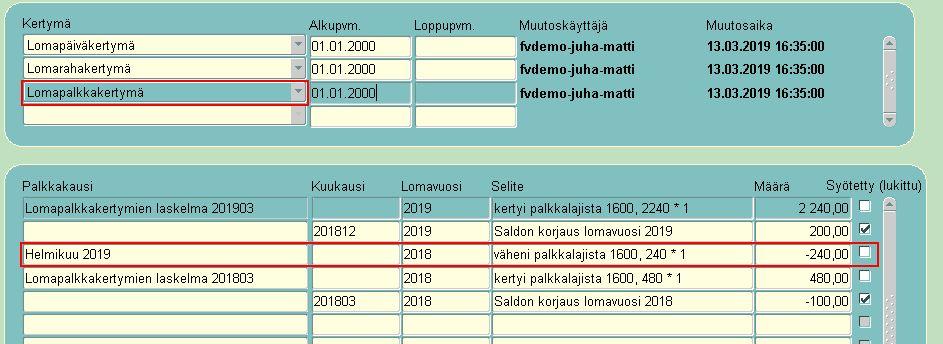 Alla olevissa esimerkeissä kuvataan, miten Palkanlaskenta -sovellukseen syötetyt tapahtumarivit muuttavat palkansaajan kertymiä.