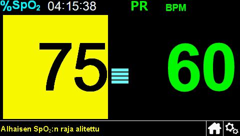 Jos SpO 2 -hälytys tulee esiin Jos korkea tai matala SpO 2 -arvo esiintyy, SpO 2 -arvon tausta näkyy keltaisena ja näytön alaosaan ilmestyy viesti.
