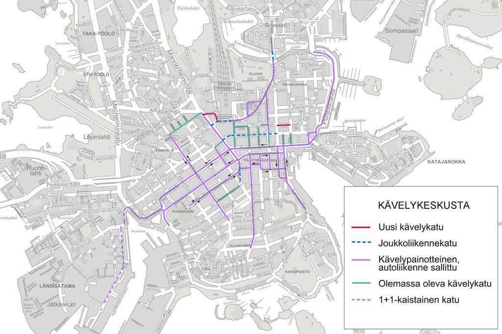 Kävelykeskusta vaihtoehto B Vaihtoehdoissa B ja C autoliikenteen läpäisevyys