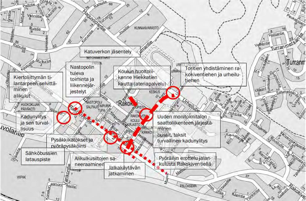 Rakokiventien eteläpuolelta puuttuu kävely- ja pyörätie Toritieltä itään päin, missä