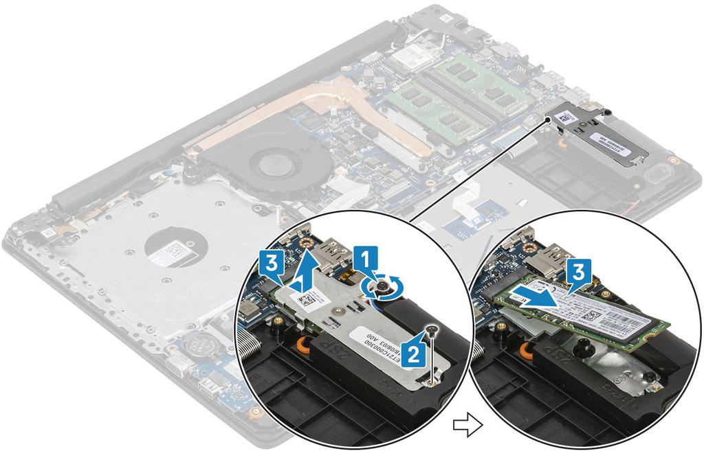 M.2 2280 -SSD-levyn tai Intel Optane -muistin asentaminen valinnainen 1. Liu uta SSD-levy / Intel Optane SSD- / Intel Optane -asemapaikkaan [1, 2]. 2. Kiristä kiinnitysruuvi, jolla lämpölevy kiinnittyy kämmentuki- ja näppäimistökokoonpanoon [3].