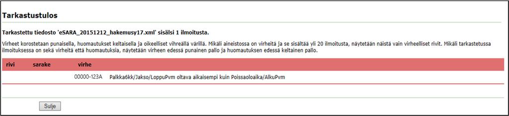 Lähettämisessä huomioitavaa Korjaa virheet palkkaohjelmassa Virheet korostetaan punaisella Huomautukset korostetaan keltaisella Virheen kuvauksessa näytetään se henkilötunnus,