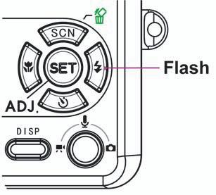 Salaman käyttäminen Painamalla Flash (salama) -painiketta voidaan vaihtaa kameran eri salamatilojen välillä. Nestekidenäyttöön tulee symboli salamatilan merkiksi.