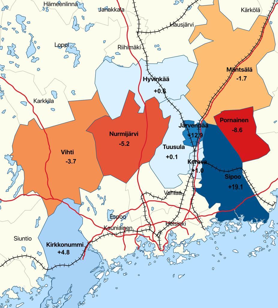 KUUMA-kuntien työikäisen väestön (15-64 -vuotiaat) kehitys (%) 2018-2040 Oheisessa kartassa on kuvattu