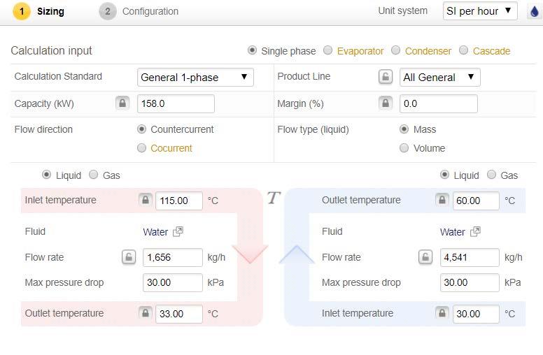 66 Picture 20. After the sizing parameters, capacity and temperatures, are entered, the program calculates flow rates (Alfa Laval.
