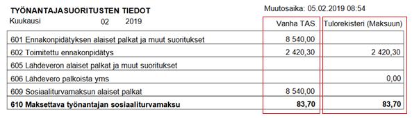 HUOMIOI: Vaikka palkkojen tiedot edelleen näkyvät kausiverosovelluksella, vuoden 2019 alusta alkaen palkkojen työnantajasuoritukset (TAS) on ilmoitettu tulorekisteriin palkkatieto- ja