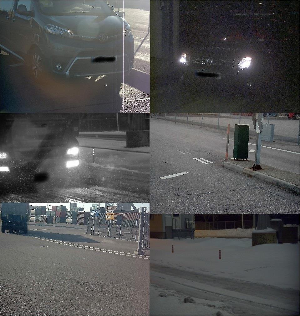 46 Figure 30: Examples of different weather and lighting conditions When comparing the images including a vehicle in Figure 30, it is visible that the vehicles come in an angle to the camera, from