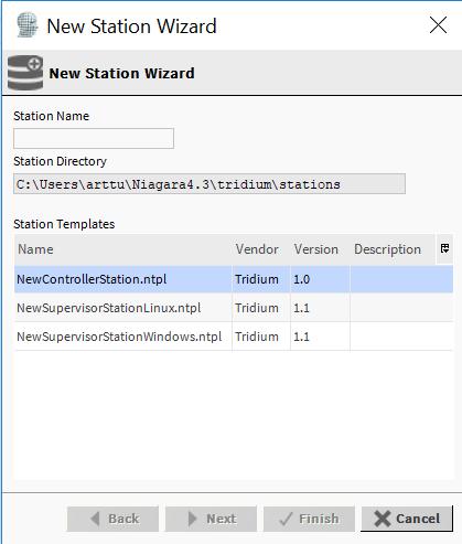 12 KUVA 5. New Station Wizard Kuvan 5 valikossa annetaan nimi uudelle Stationille ja valitaan millä järjestelmällä Station tulee toimimaan.