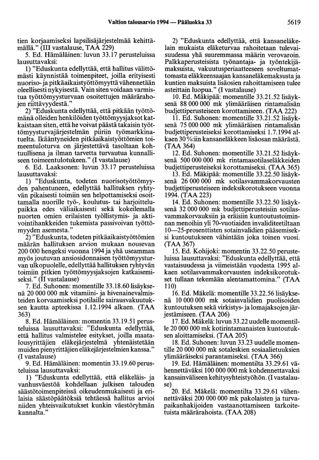 Valtion talousarvio 1994- Pääluokka 33 5619 tien korjaamiseksi lapsilisäjärjestelmää kehittämällä." (111 vastalause, TAA 229) 5. Ed. Hämäläinen: luvun 33.