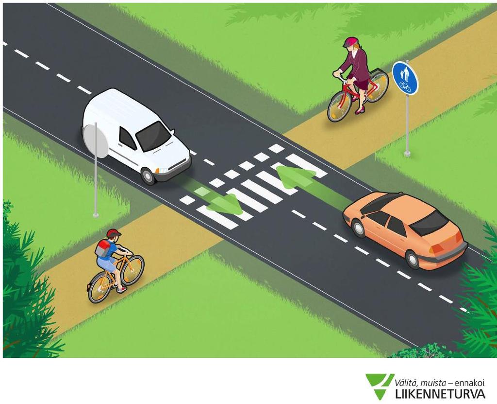 Pyöräilijän säännöistä vaikein: Pyörätieltä tuleva pyöräilijä saa ajaa tien yli pyörätien jatketta