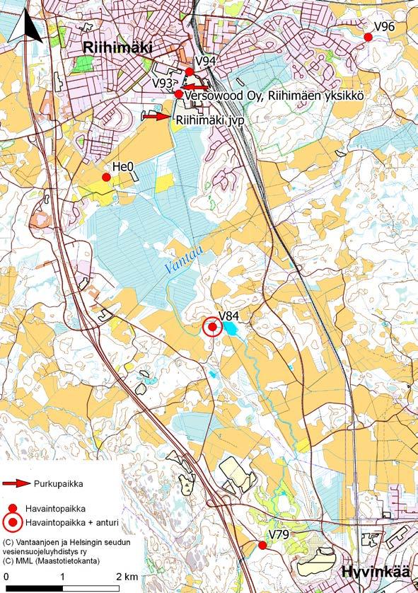 Kuva 5.1. Vantaanjoen pistekuormittajat ja Vantaanjoen yhteistarkkailun havaintopaikat Riihimäellä.