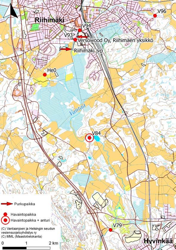 Kuva 5.1. Vantaanjoen pistekuormittajat ja Vantaanjoen yhteistarkkailun havaintopaikat Riihimäellä.