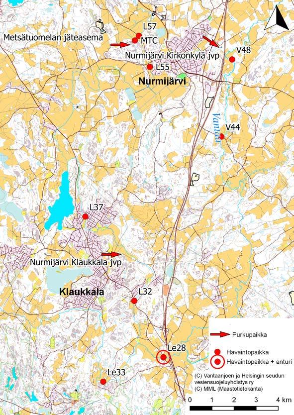 Metsä-Tuomelan jäteasemalla on yhteistarkkailussa kolme havaintopaikkaa, joista ojahavaintopaikka MTC kuvaa jäteasemalta vesistöön tulevaa vettä ja havaintopaikat L57 ja L55 joen vedenlaatua ennen ja