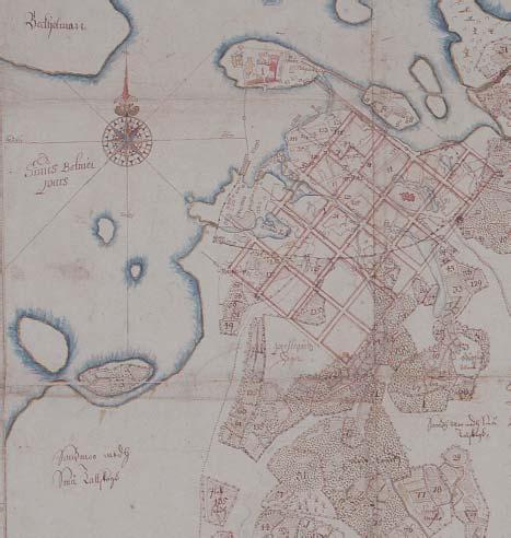 Oulun ensimmäinen reguloin suunnitelma vuodelta 1649 (Claes Claesson) Maunonkatu 2 ton on vielä