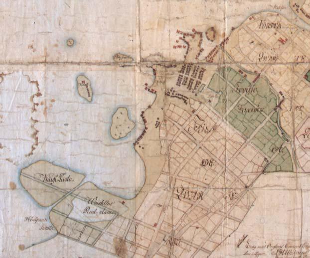 Andersinin kopio, Mårten Hackzellin kartasta vuodelta 1763) Maunonkatu 2 edelleen veden alla.