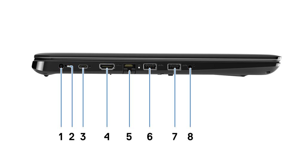 Näkymä vasemmalta 1 Virran tuloliitäntä (4,5 mm:n sovitin) 2 Akun tilavalo 3 USB Type-C 3.1 Gen 1 -portti, jossa virransiirto ja DisplayPort 4 HDMI 2.0a -portti 5 RJ45-portti 6 USB 3.