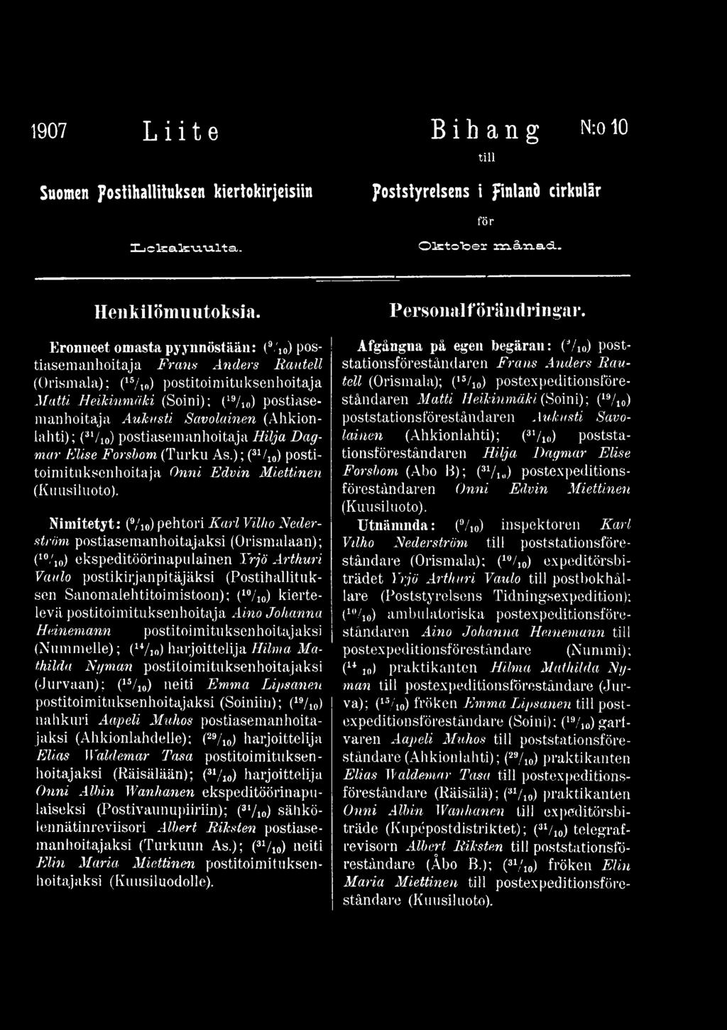 postikirj an pitäjäksi (Postihallituksen Sanomaiehtitoimistoon); (l% 0) kiertelevä postitoimituksenhoitaja Aino Johanna Heinemann postitoimituksenhoitajaksi (Nummelle); (u/m) harjoittelija Hilma