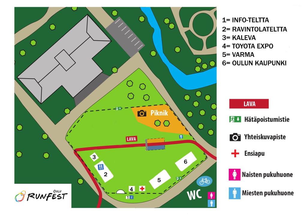 3 Tapahtuma-alue RunFestin varsinainen tapahtuma-alue eli RunFest-kylä sijaitsee Ainolan puistossa Pohjois-Pohjanmaan museon edessä.