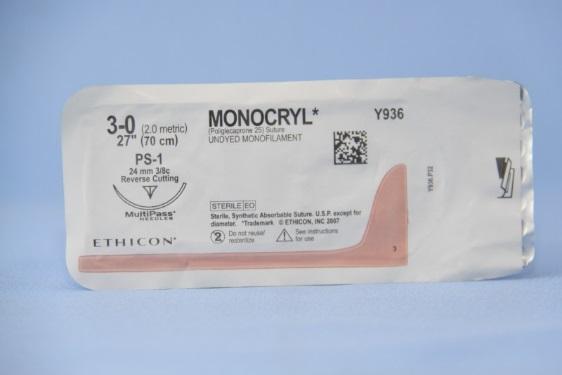 3-0 Monocryl Synteettinen monofilamentti, väritön Yleensä jatkuva ommel Resorboituu: