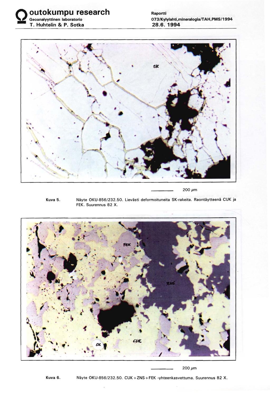 073/Kylylahti,mineralogia/T AH,PMS/1994 28.6. 1994,.. 200 pm Kuva 5. Nayte OKU-856/232.50. Lievasti deformoituneita SK-rakeita. Raontaytteena CUK ja FEK.
