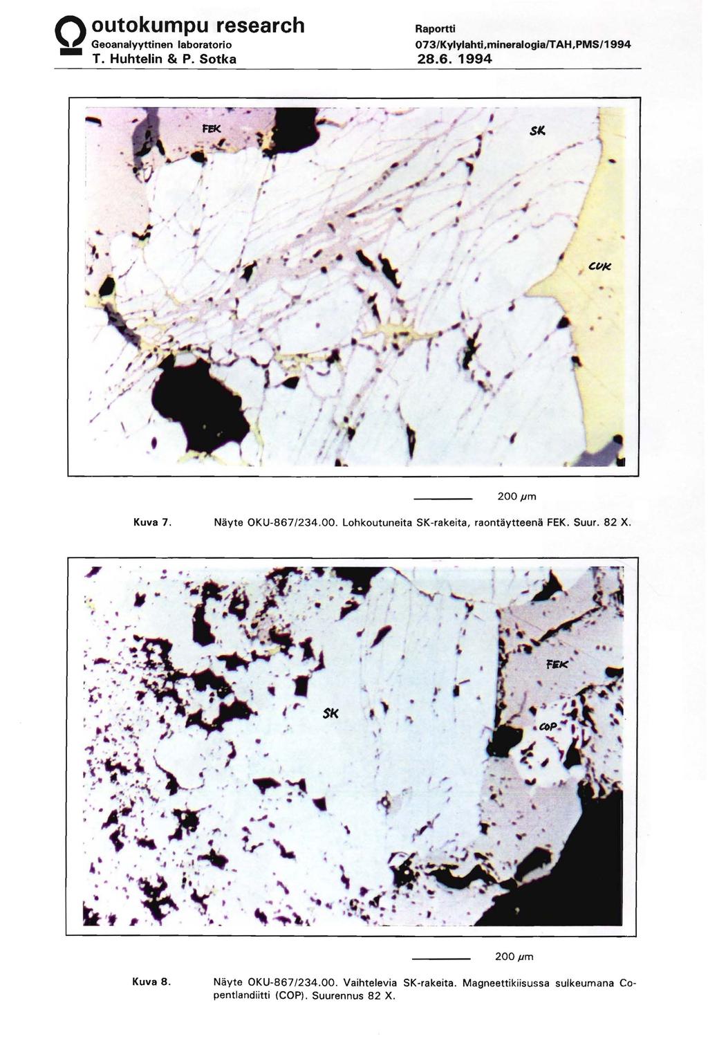 073/Kylylahti,mineralogia/TAH,PMS/1994 28.6. 1994 $#(., " 200 pm Kuva 7. Nayte OKU-867/234.00. Lohkoutuneita SK-rakeita, raontaytteena FEK. Suur. 82 X. ".......,.. I ~. ~'.