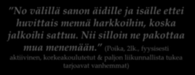 No välillä sanon äidille ja isälle ettei huvittais mennä harkkoihin, koska jalkoihi sattuu. Nii silloin ne pakottaa Teoreettinen viitekehys mua menemään. (Poika, 2lk.