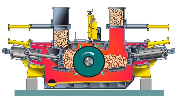 12 Kuva 2. Valmet-painehiomakone (Stora Enso 2017.) Painehiontaprosessi on esitetty kuvassa 3. Massa poistuu hiomakoneesta automaattiventtiilin kautta koneen ylipaineen avulla puskusykloonaan.