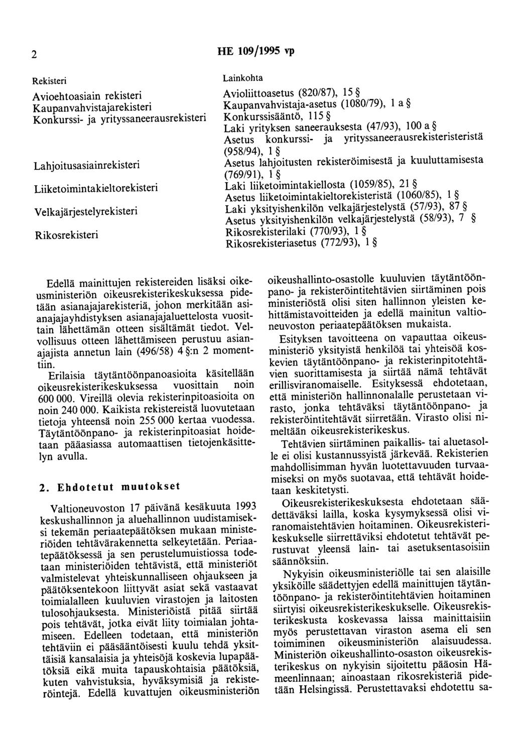 2 HE 109/1995 vp Rekisteri Avioehtoasiain rekisteri Kaupanvahvistajarekisteri Konkurssi- ja yrityssaneerausrekisteri Lahjoitusasiainrekisteri Lainkohta Avioliittoasetus (820/87), 15